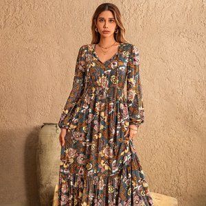 Printed Tie Neck Balloon Sleeve Dress